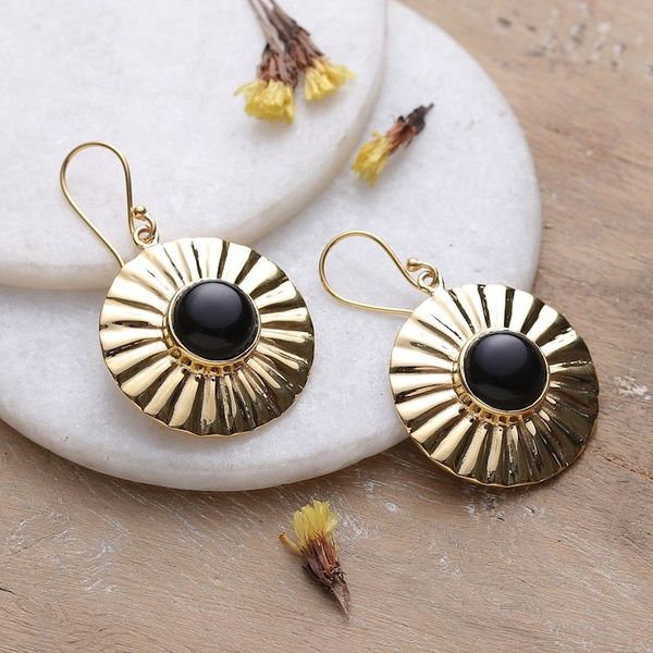 Alternate image for Sun-Themed Polished Brass and Onyx Dangle Earrings Solar Mysticism