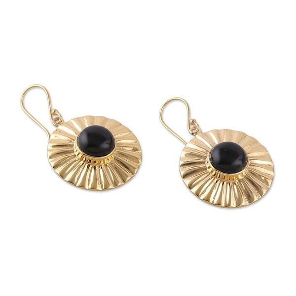 Alternate image for Sun-Themed Polished Brass and Onyx Dangle Earrings Solar Mysticism