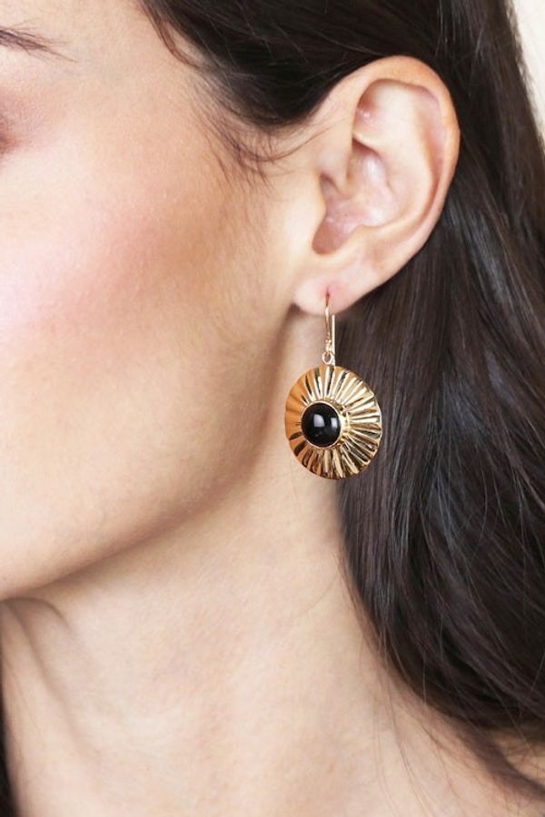 Alternate image for Sun-Themed Polished Brass and Onyx Dangle Earrings Solar Mysticism