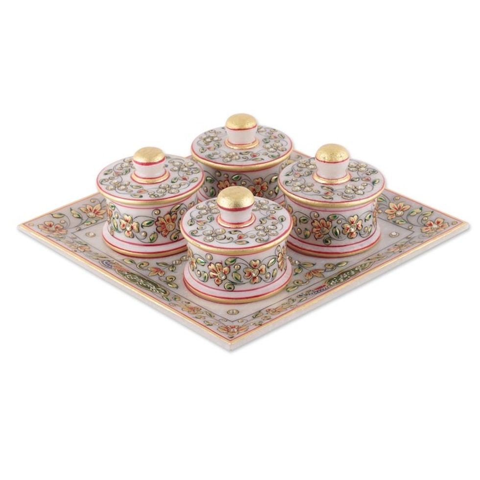 Floral and Leafy Marble Tray and Covered Bowls 5 Pieces 'Gathering at the Garden'