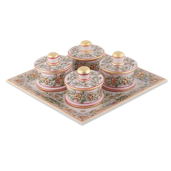 Alternate image for Floral and Leafy Marble Tray and Covered Bowls 5 Pieces Gathering at the Garden