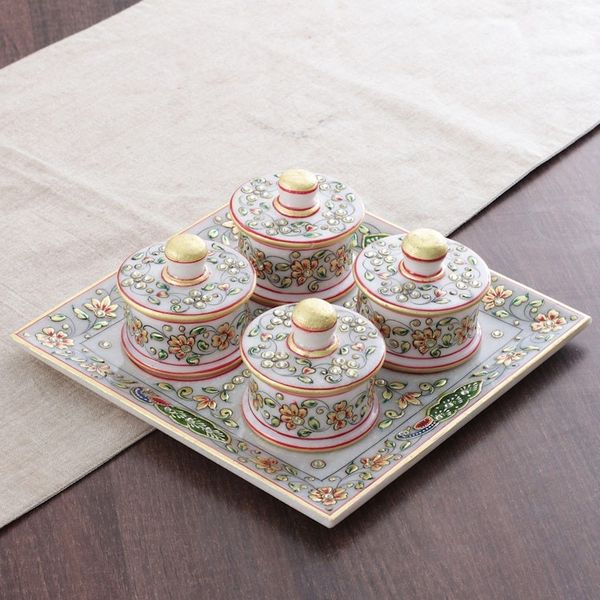 Alternate image for Floral and Leafy Marble Tray and Covered Bowls 5 Pieces Gathering at the Garden