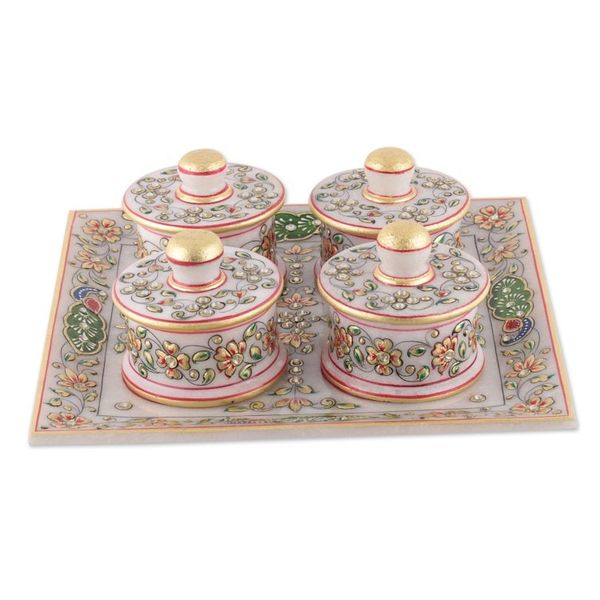 Alternate image for Floral and Leafy Marble Tray and Covered Bowls 5 Pieces Gathering at the Garden