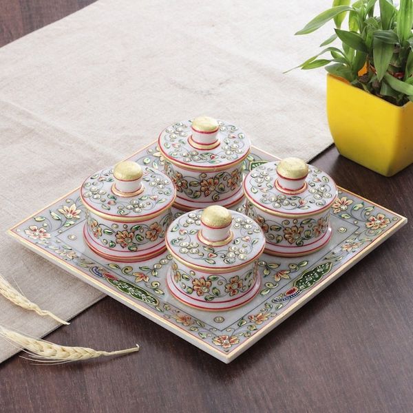 Alternate image for Floral and Leafy Marble Tray and Covered Bowls 5 Pieces Gathering at the Garden