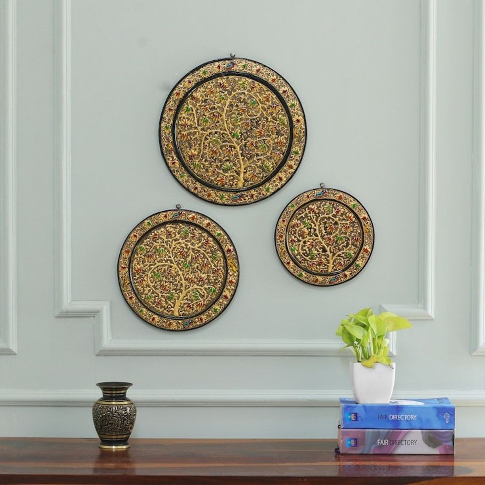 Set of 3 Forest-Themed Black and Golden Wood Relief Panels 'Night Valley'