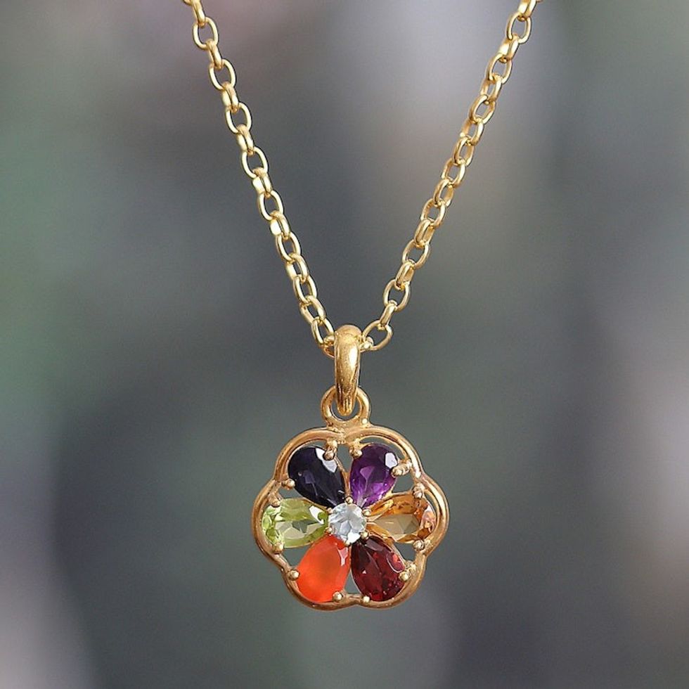 22k Gold-Plated Floral Multi-Gemstone Chakra Necklace 'Golden Energy Bloom'