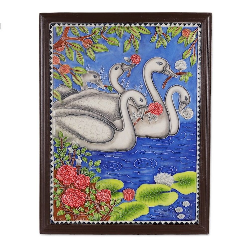 Classic Painted Marble Dust Relief Wall Art of Swan Lagoon 'Delightful Ducks'