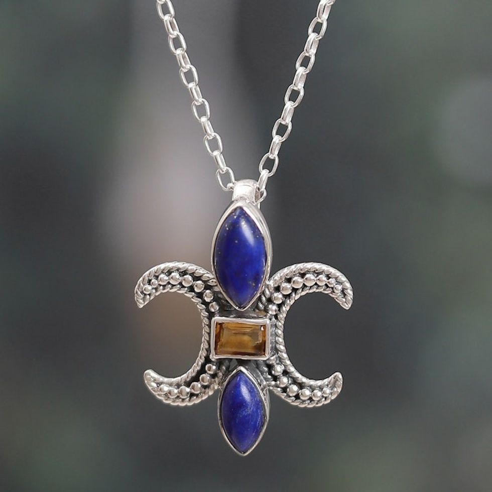 Classic Lapis Lazuli and Citrine Pendant Necklace from India 'Regal Lineage'