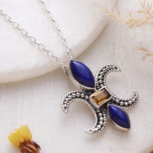 Alternate image for Classic Lapis Lazuli and Citrine Pendant Necklace from India Regal Lineage