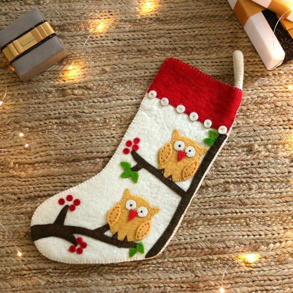 Handmade Applique Wool Felt Owl-Themed Christmas Stocking 'Holiday Magic'