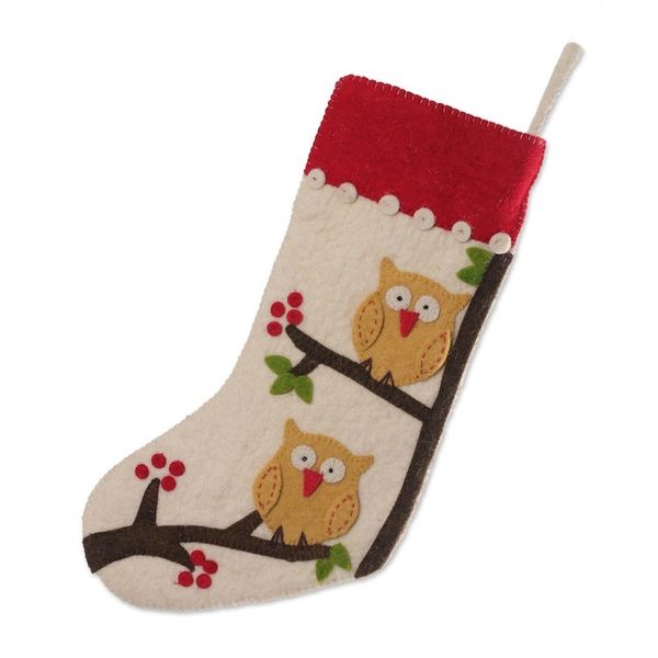 Alternate image for Handmade Applique Wool Felt Owl-Themed Christmas Stocking Holiday Magic