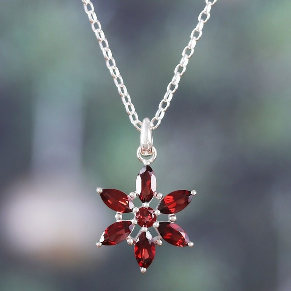 Floral Faceted Three-Carat Garnet Pendant Necklace 'Floral Devotion'