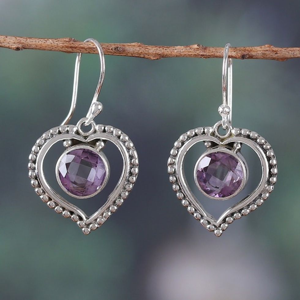 Heart-Shaped Faceted 4-Carat Round Amethyst Dangle Earrings 'Wise Heartbeat'