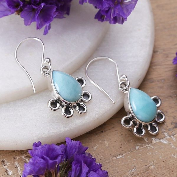 Alternate image for Sterling Silver Dangle Earrings with Larimar Stones Exotic Magnetism