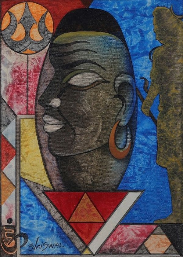 Alternate image for Signed Expressionist Traditional Acrylic Virbhadra Painting Virbhadra