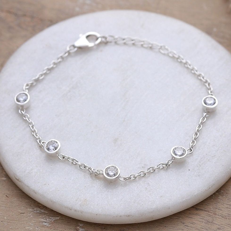 Polished Sterling Silver and Cubic Zirconia Link Bracelet 'Sparkling Essence'