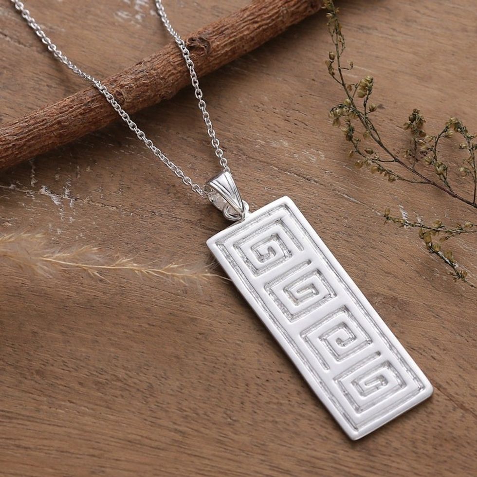 Classic Greca-Patterned Silver-Plated Brass Pendant Necklace 'Timeless Journey'