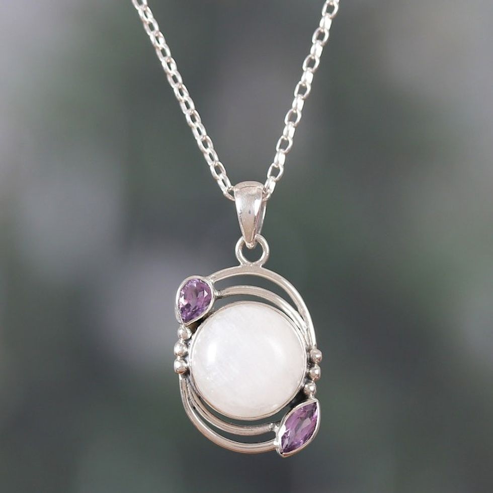 Sterling Silver Rainbow Moonstone Amethyst Pendant Necklace 'Luminous Charm'
