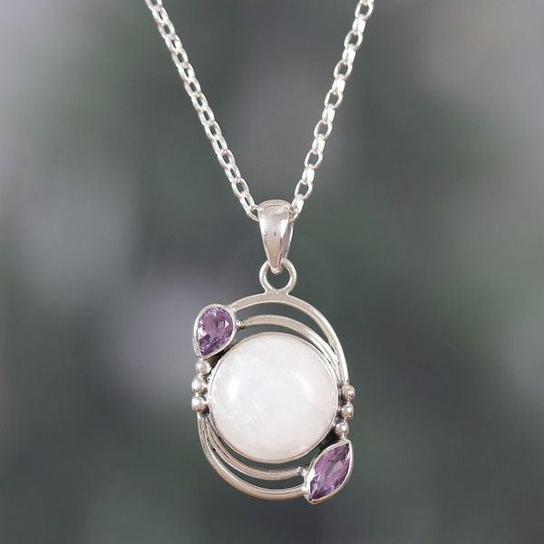 Alternate image for Sterling Silver Rainbow Moonstone Amethyst Pendant Necklace Luminous Charm