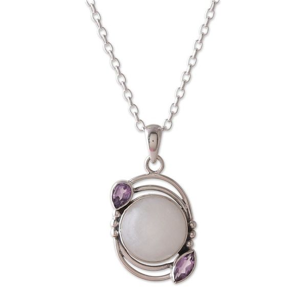 Alternate image for Sterling Silver Rainbow Moonstone Amethyst Pendant Necklace Luminous Charm