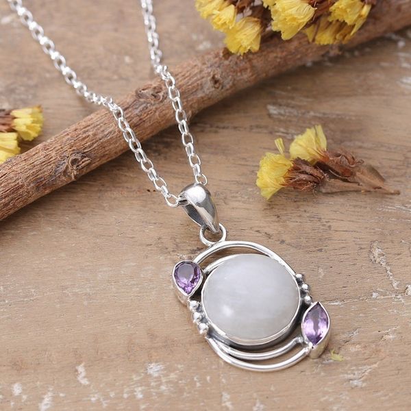 Alternate image for Sterling Silver Rainbow Moonstone Amethyst Pendant Necklace Luminous Charm