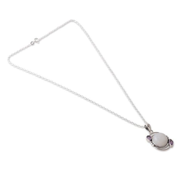 Alternate image for Sterling Silver Rainbow Moonstone Amethyst Pendant Necklace Luminous Charm