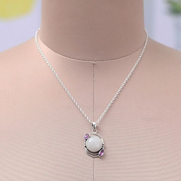 Alternate image for Sterling Silver Rainbow Moonstone Amethyst Pendant Necklace Luminous Charm