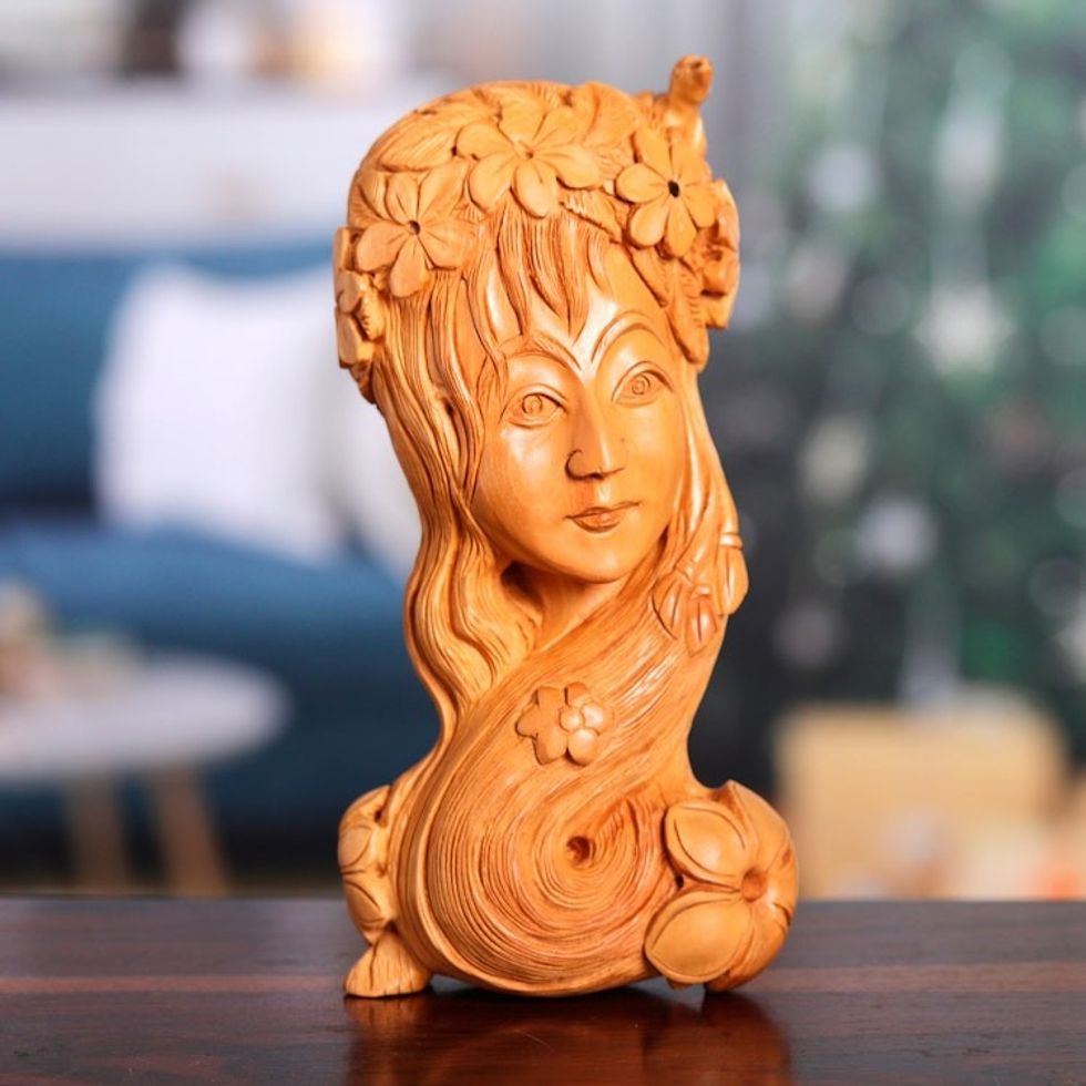 Hand-Carved Kadam Wood Sculpture of Mother Nature 'Natures Tranquility'
