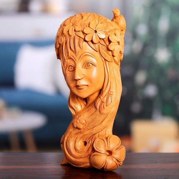 Alternate image for Hand-Carved Kadam Wood Sculpture of Mother Nature Natures Tranquility