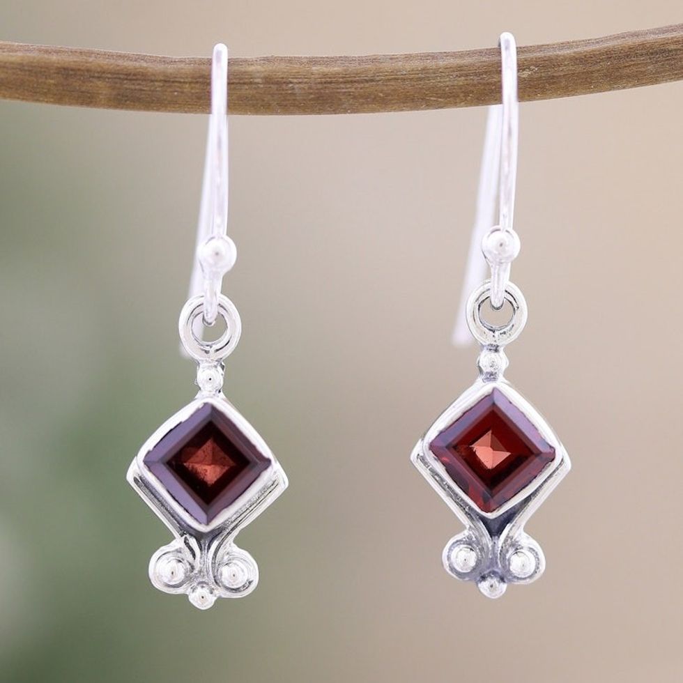 Sterling Silver Dangle Earrings with Natural Garnet Stones 'Adorable Passion'
