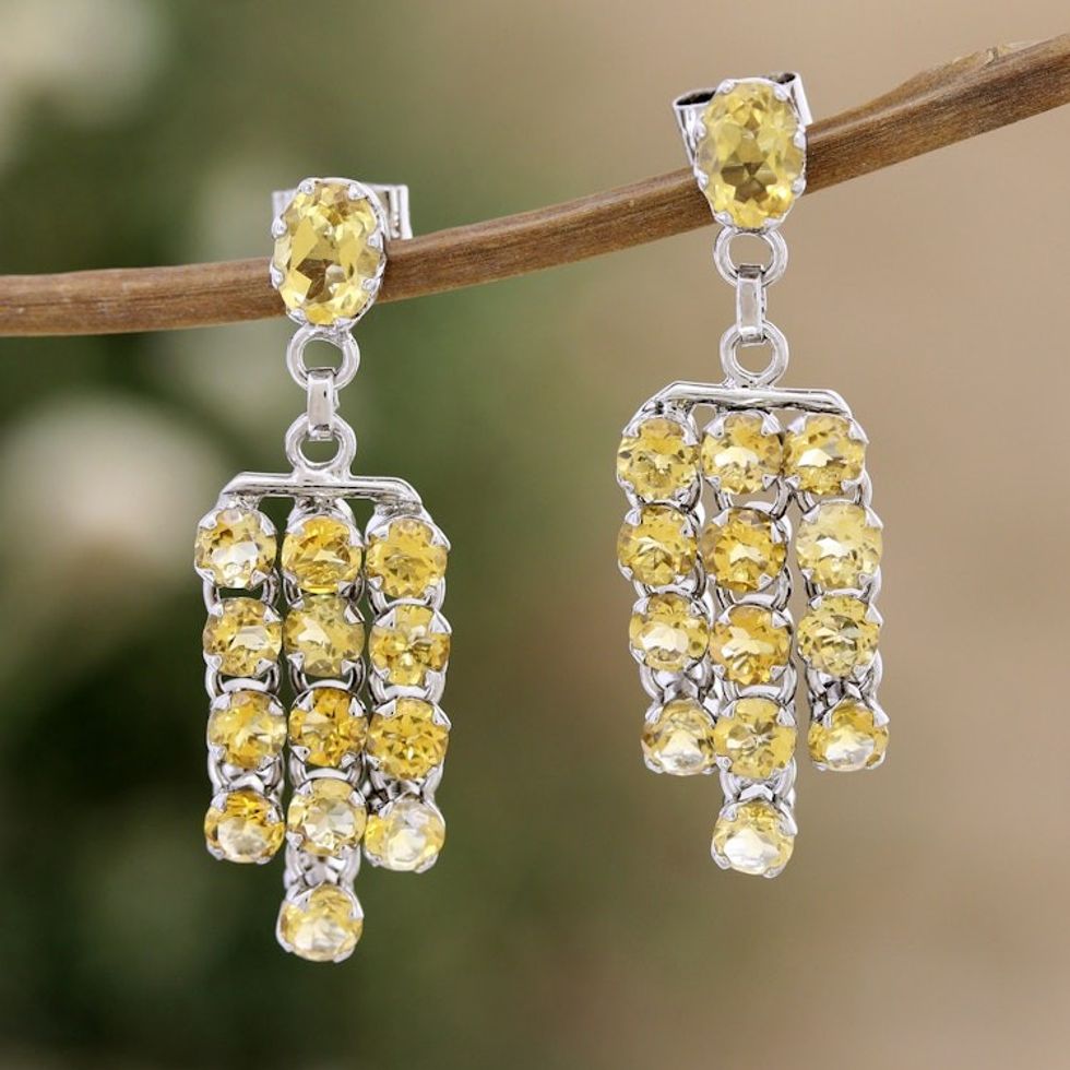 Rhodium-Plated Waterfall Earrings with Faceted Citrine Gems 'Yellow Grandeur'