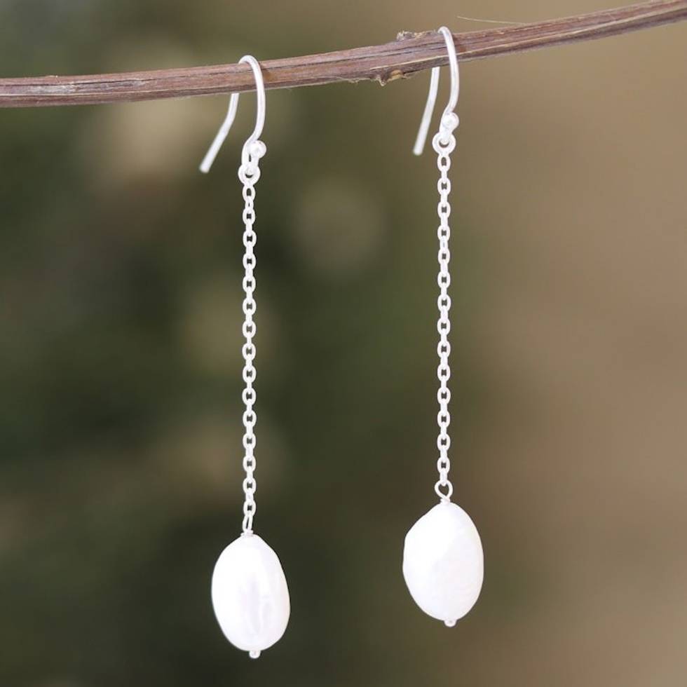 Sterling Silver Dangle Earrings with Cream Cultured Pearls 'Passion of the Sea'