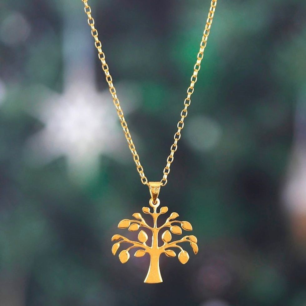 22k Gold-Plated Tree Pendant Necklace Crafted in India 'Golden Kalpvriksh Tree'