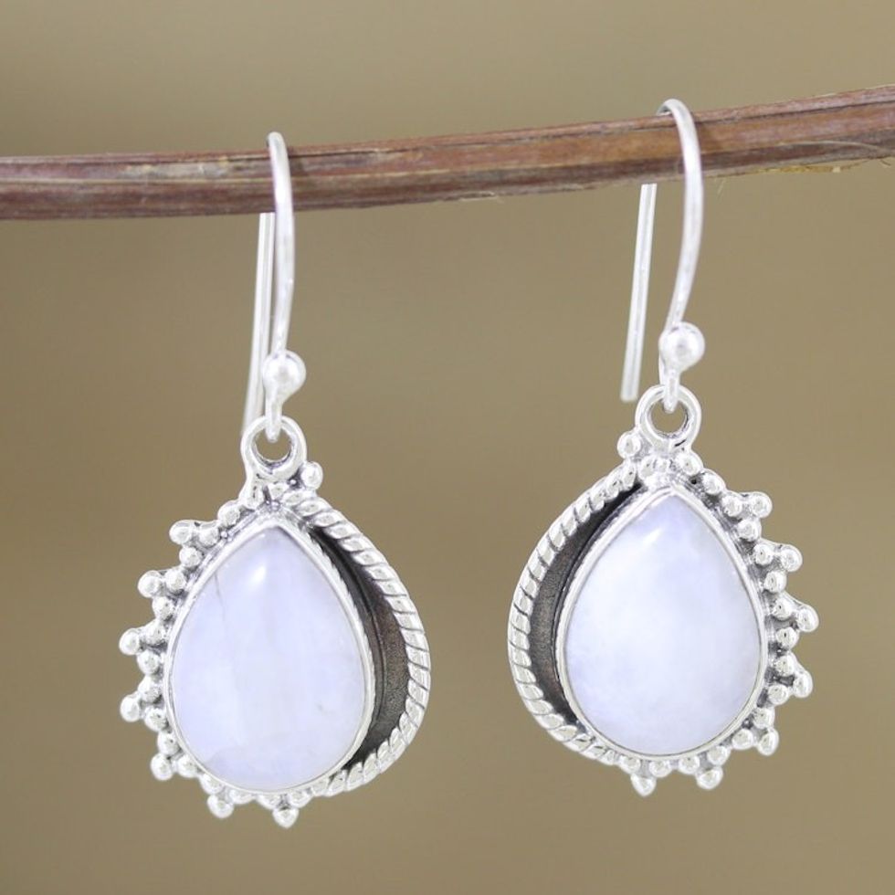 Natural Rainbow Moonstone Dangle Earrings Crafted in India 'Harmonious Spirit'