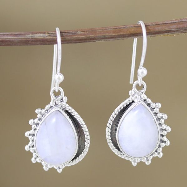 Alternate image for Natural Rainbow Moonstone Dangle Earrings Crafted in India Harmonious Spirit