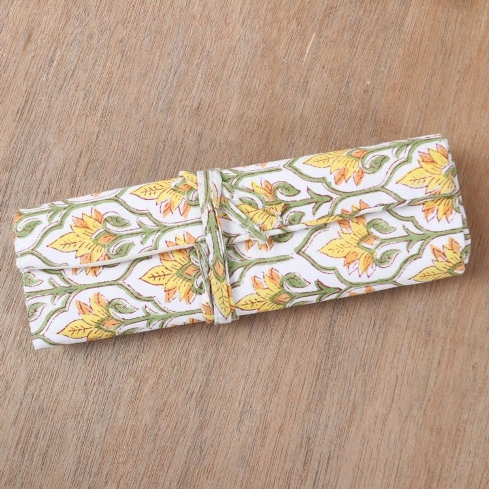 Cotton Roll Pencil Case with Hand-Block Printed Floral Motif 'Glorious Buttercup'