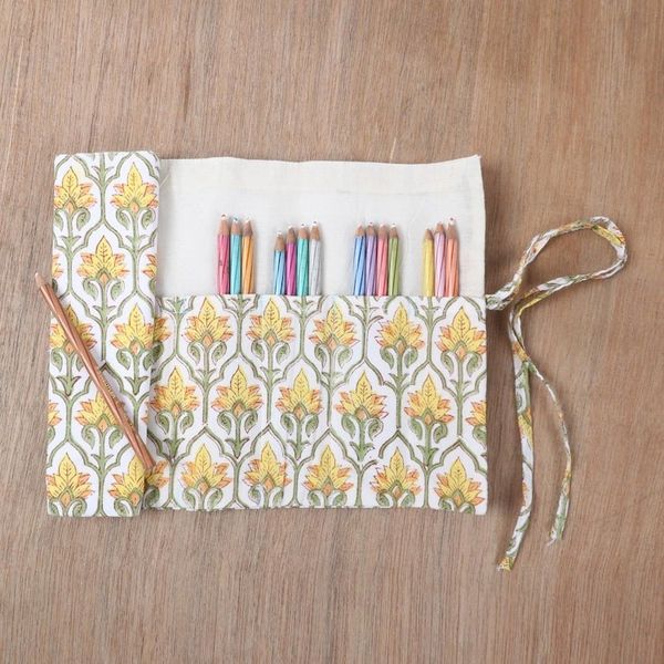 Alternate image for Cotton Roll Pencil Case with Hand-Block Printed Floral Motif Glorious Buttercup