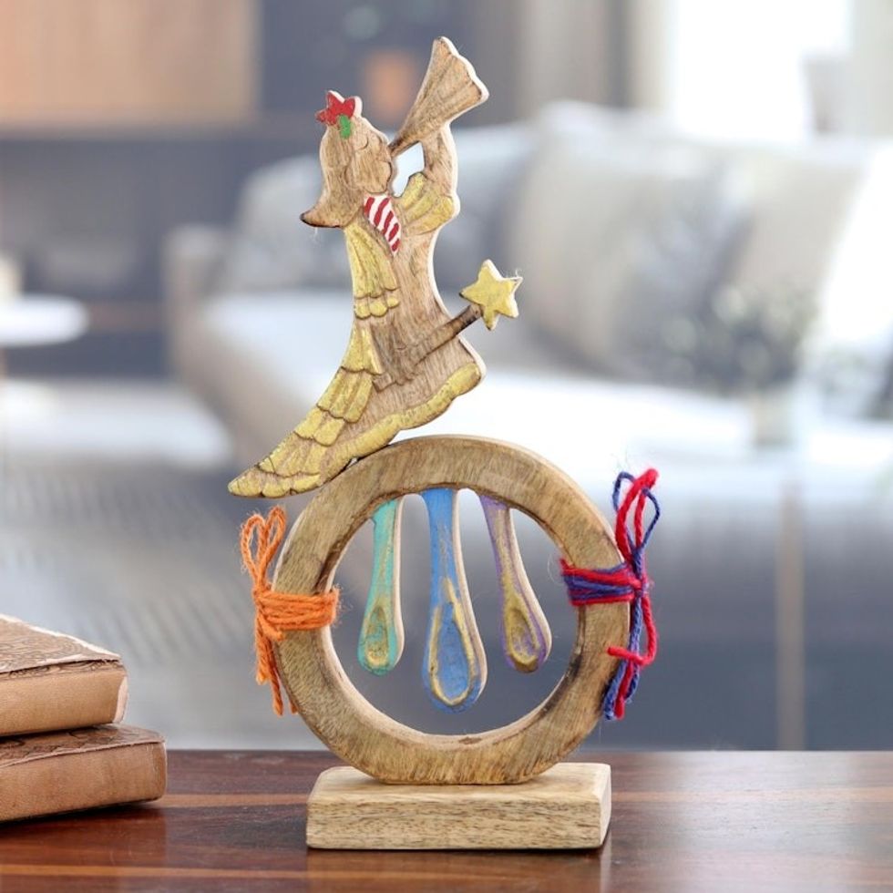 Hand-Painted Mango Wood Sculpture of Christmas Angel 'Divine Wish'