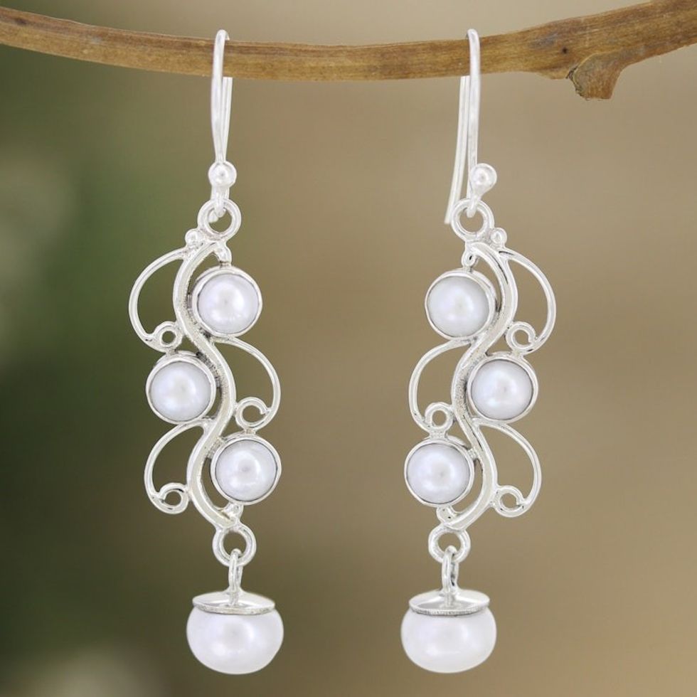 Cream Cultured Pearl Dangle Earrings in High Polish Finish 'Enchanted Pearls'
