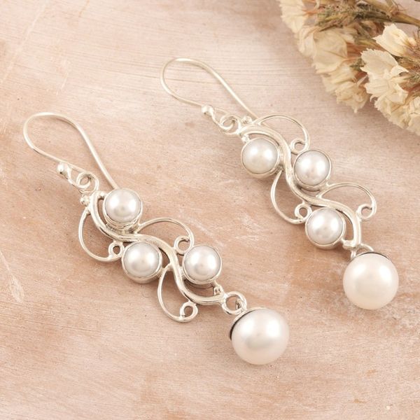 Alternate image for Cream Cultured Pearl Dangle Earrings in High Polish Finish Enchanted Pearls