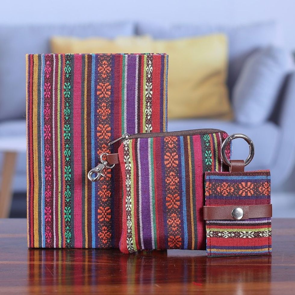 Handcrafted Cotton Jacquard Journal Pouch and Keychain Set 'Artistic Glory'