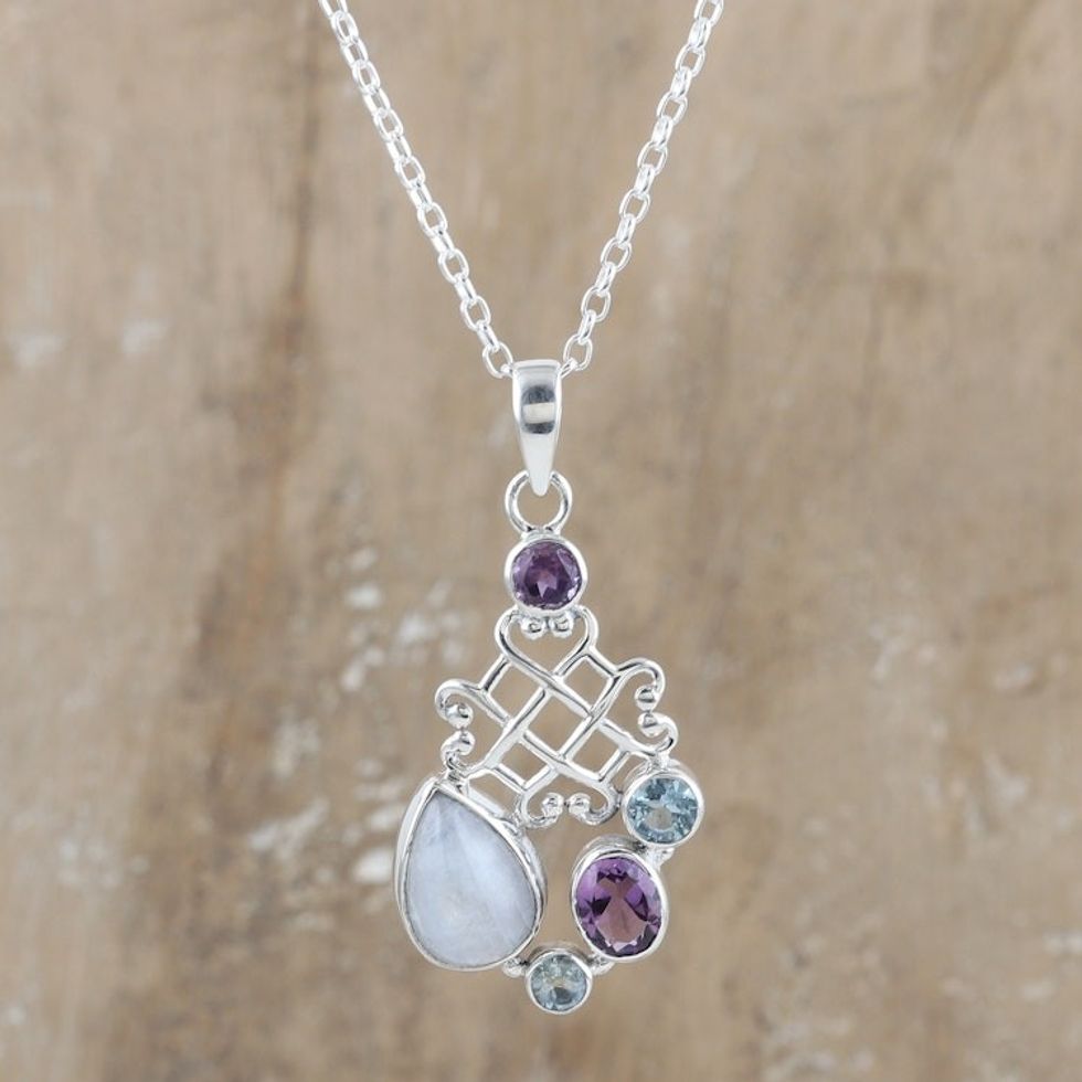 Sterling Silver Pendant Necklace with Multiple Gemstones 'Blue Realm'
