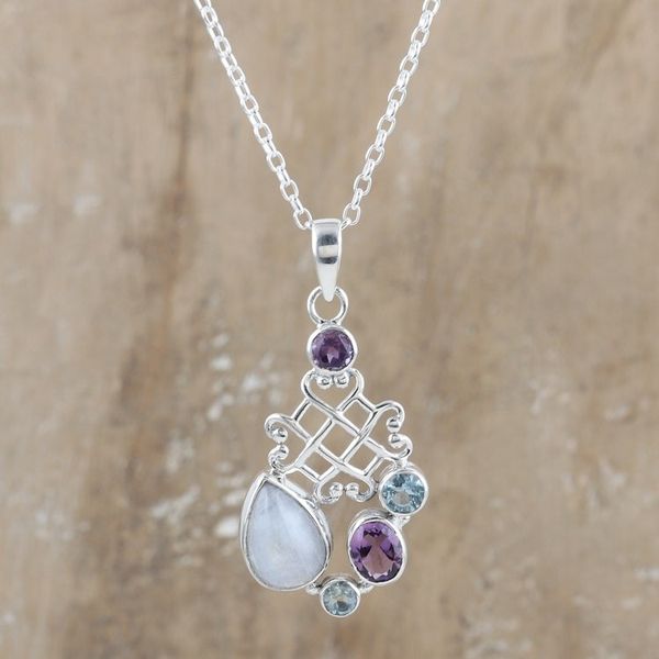 Alternate image for Sterling Silver Pendant Necklace with Multiple Gemstones Blue Realm