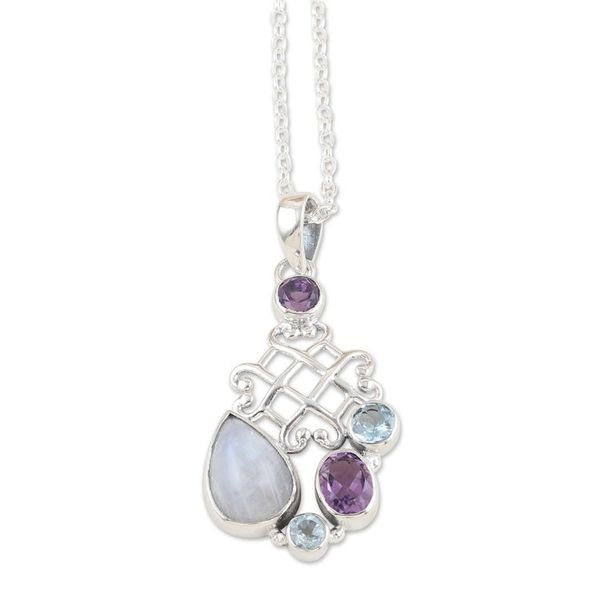 Alternate image for Sterling Silver Pendant Necklace with Multiple Gemstones Blue Realm