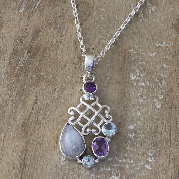 Alternate image for Sterling Silver Pendant Necklace with Multiple Gemstones Blue Realm