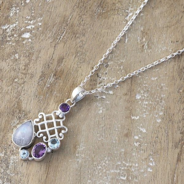 Alternate image for Sterling Silver Pendant Necklace with Multiple Gemstones Blue Realm
