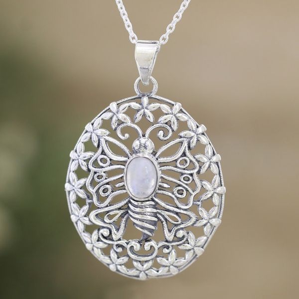 Alternate image for 925 Silver Butterfly Pendant Necklace with Rainbow Moonstone Chic Butterfly