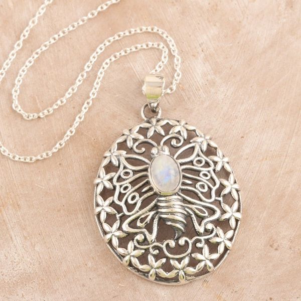 Alternate image for 925 Silver Butterfly Pendant Necklace with Rainbow Moonstone Chic Butterfly