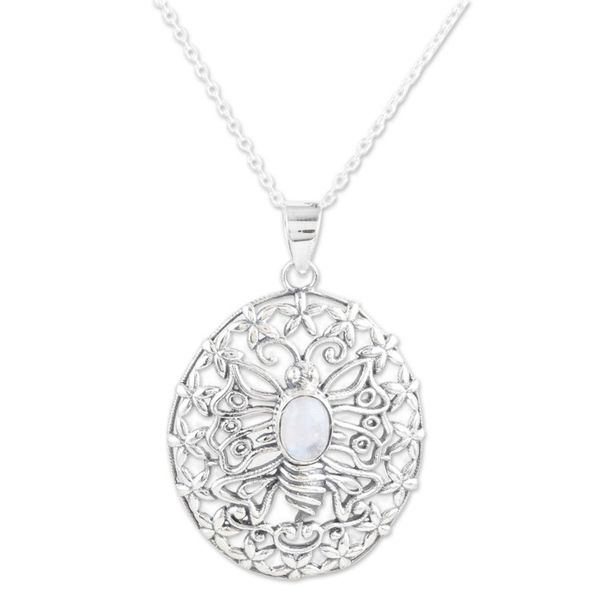 Alternate image for 925 Silver Butterfly Pendant Necklace with Rainbow Moonstone Chic Butterfly