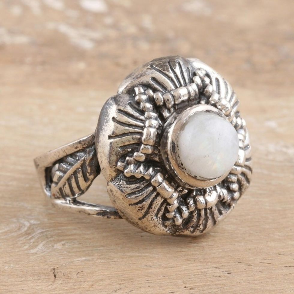Floral Sterling Silver Cocktail Ring with Rainbow Moonstone 'Harmonious Queen'